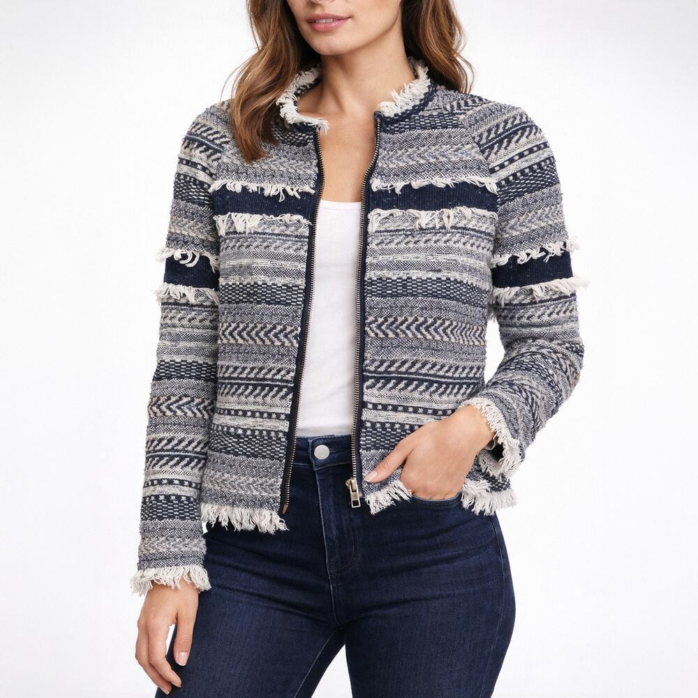 Club Monaco Navy White Herringbone Tweed Fringe Jacket Size 00